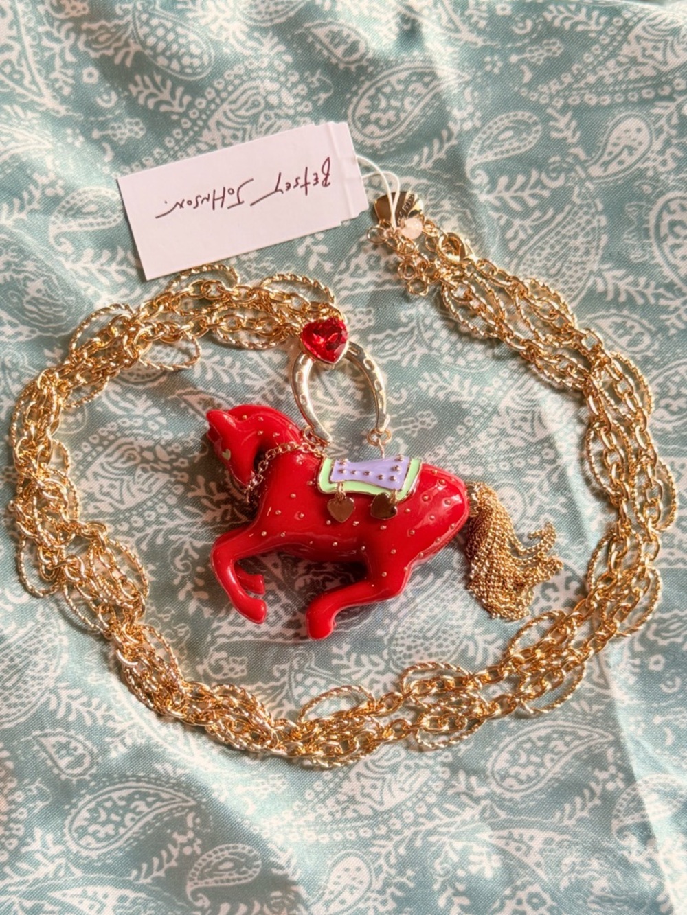 Betsey Johnson Red Enamel Carousel Horse Pendant with Gold Chain